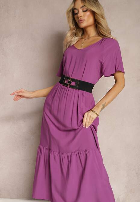 Fioletowa Rozkloszowana Sukienka Maxi z Bawełny z Trójkątnym Dekoltem Nastal