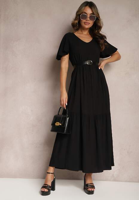 Czarna Sukienka Maxi z Bawełny o Rozkloszowanym Kroju Bellatrixe