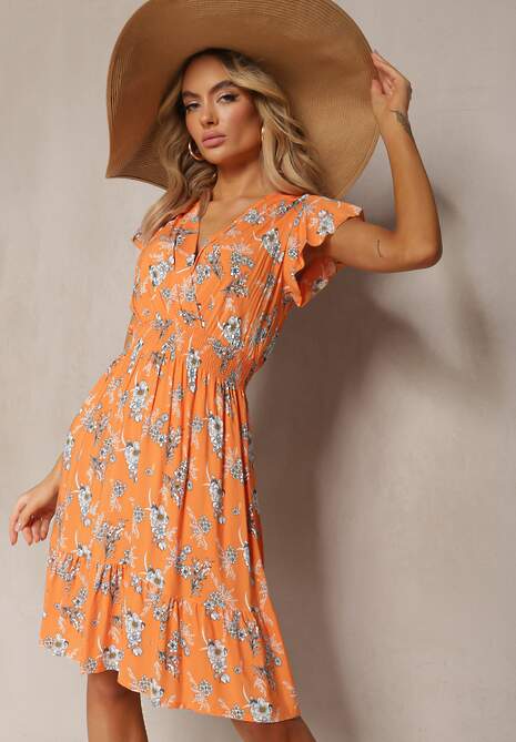 Pomarańczowa Kopertowa Sukienka Letnia z Bawełny w Kwiaty Ilivanna