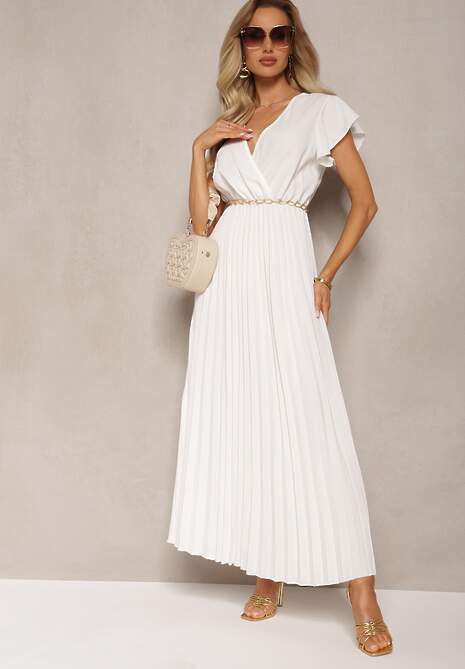 Biała Plisowana Sukienka Maxi o Rozkloszowanym Kroju z Kopertowym Dekoltem Ofilva