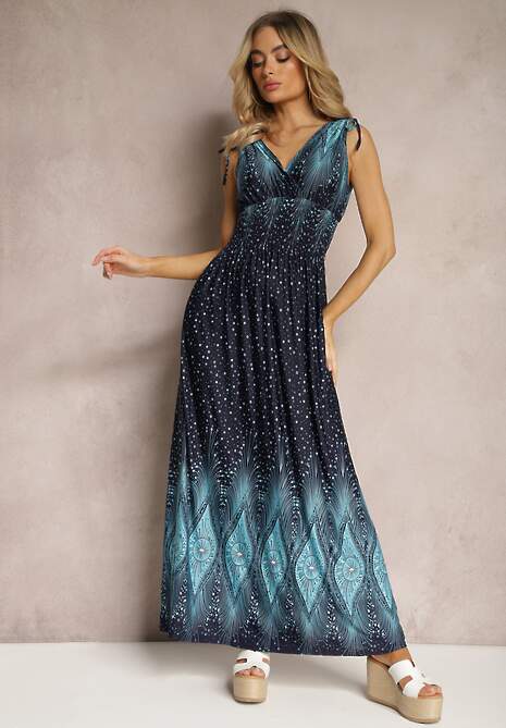 Niebiesko-Granatowa Taliowana Sukienka Maxi z Wzorem Boho i Sznurkami Przy Ramionach z Wiskozy Exna