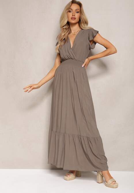 Ciemnobeżowa Rozkloszowana Sukienka Maxi z Bawełny o Kopertowym Kroju Asmerie