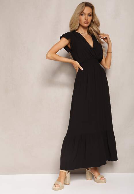 Czarna Rozkloszowana Sukienka Maxi z Bawełny o Kopertowym Kroju Asmerie