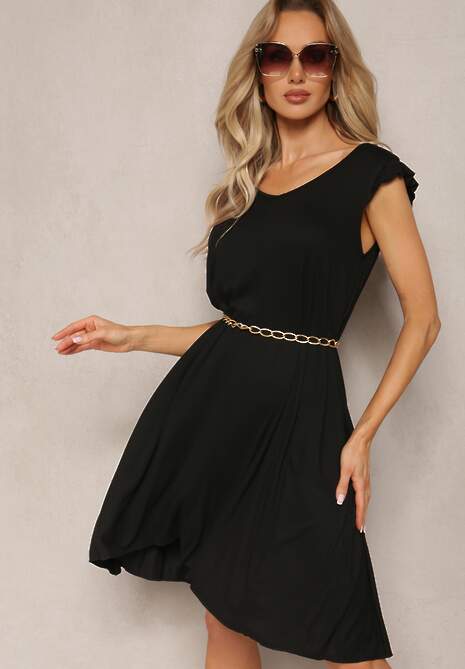 Rochie Neagră Midi Trapeză din Viscoză cu Volane la Umeri Cinethria 4