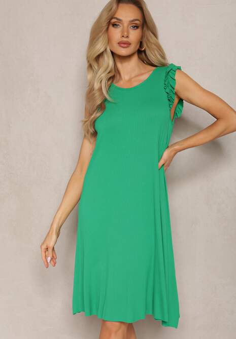 Zielona Trapezowa Sukienka Letnia z Falbankami Zamiast Rękawów Ibellaria