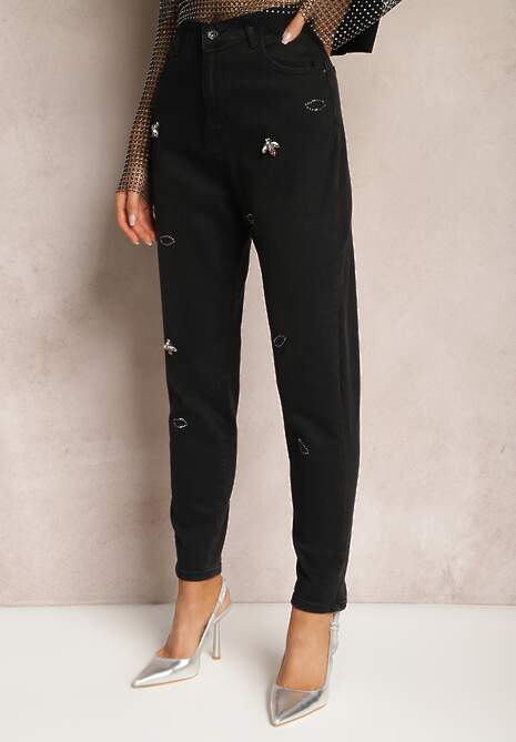 Blugi negri High Waist Mom Fit cu Pietre și Petice Klarida 4