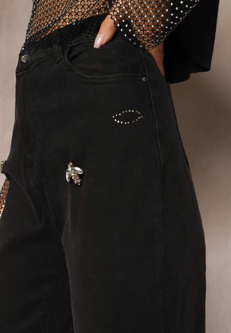 Blugi negri High Waist Mom Fit cu Pietre și Petice Klarida 5