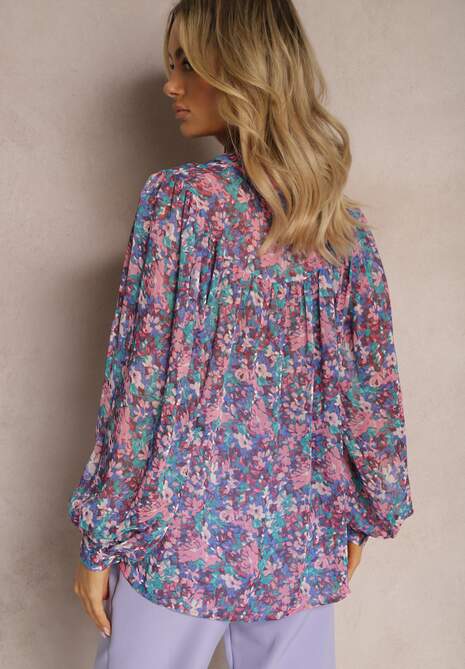 Niebiesko-Fioletowa Koszula w Kwiatowy Wzór z Prześwitującej Tkaniny Omertala 4