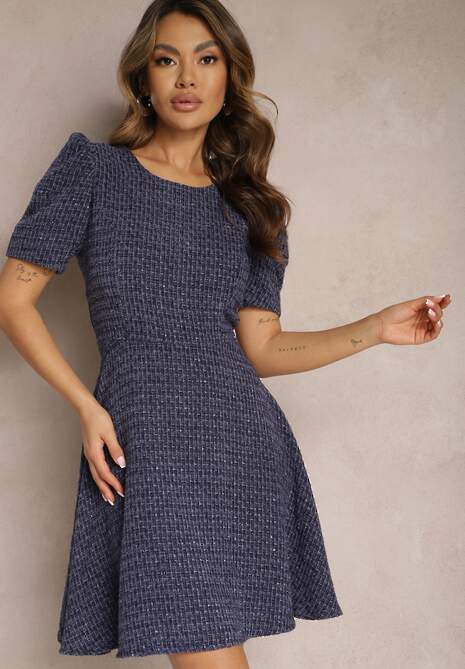 Rochie mini evazată bleumarin cu mâneci ușor bufante Merridia 4