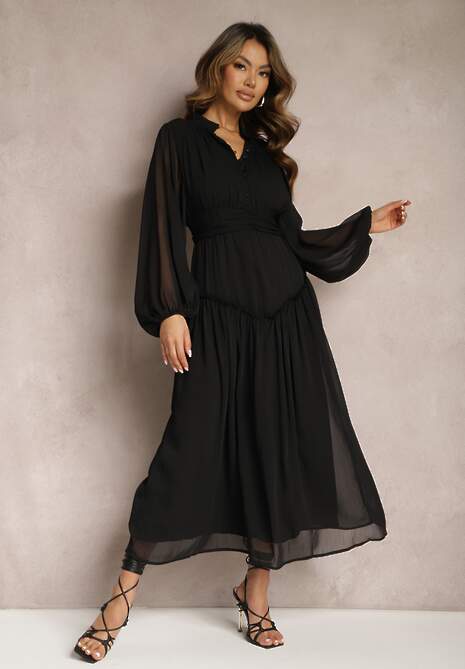 Czarna Elegancka Sukienka w Stylu Vintage z Powlekanymi Guzikami i Marszczeniami Lefandia