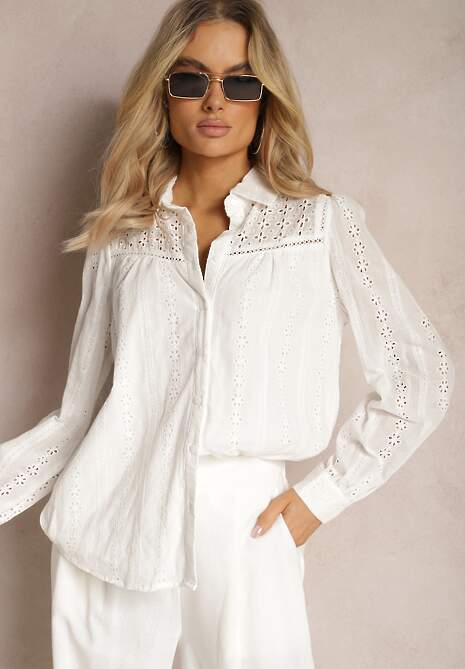 Biała Koszula z Bawełny z Ażurowymi Zdobieniami Namiella