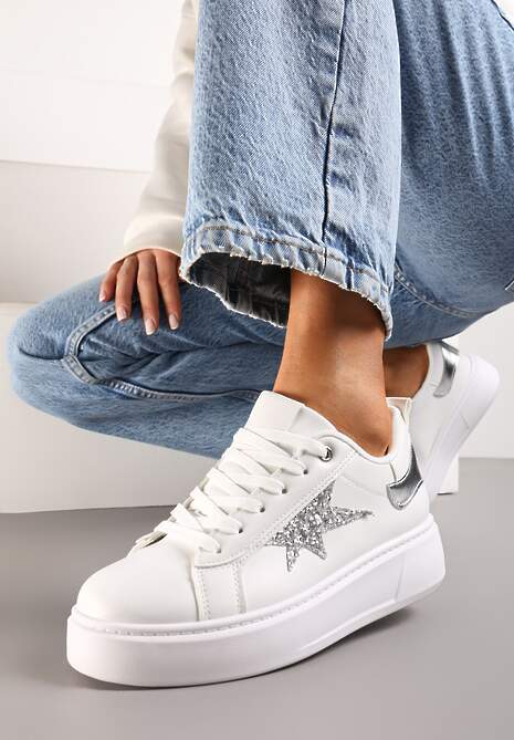 Białe Sneakersy Ozdobione Brokatem na Niskiej Platformie Leonare