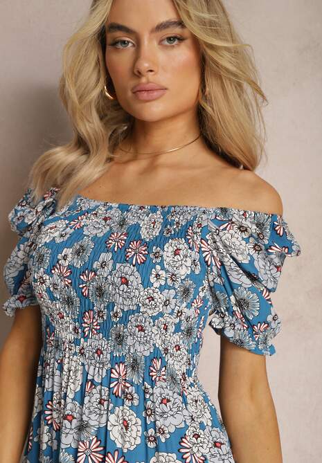 Rochie midi bleumarin din viscoză cu imprimeu floral cu decolteu pătrat și falduri Nasoria 5