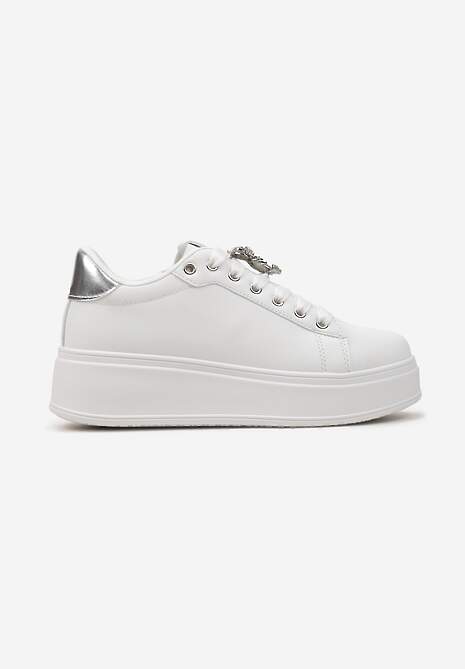 Sneakers Albi-Argintii din Imitatie de Piele pe Platformă cu Decorațiune cu Zirconiu Imbercca 4