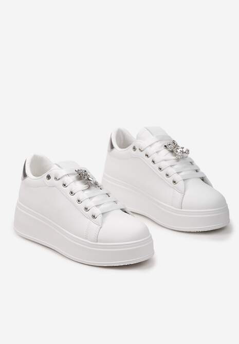 Sneakers Albi-Argintii din Imitatie de Piele pe Platformă cu Decorațiune cu Zirconiu Imbercca 5