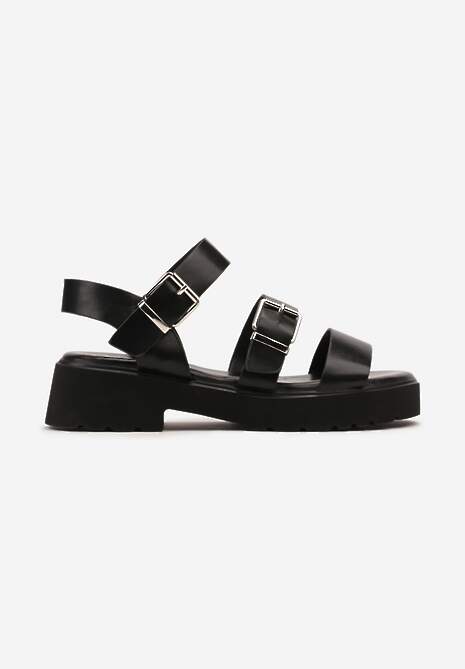 Sandale Negre din Imitatie de Piele cu Talpa Plata Barete și Catarame Afitlia 4