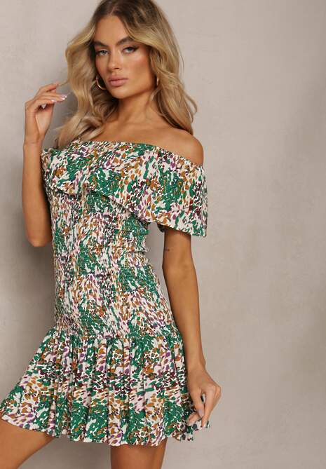 Rochie Verde Scurtă cu Decolteu Bardot din Viscoză Elastică Celestine 4