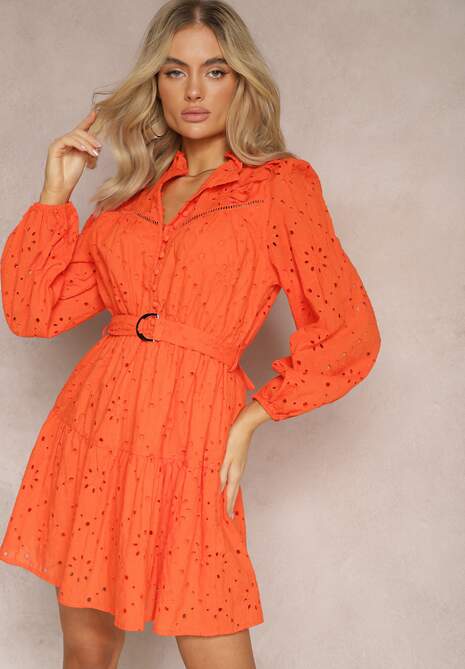 Rochie portocalie din bumbac evazată cu broderie decorativă Bealiosa 4