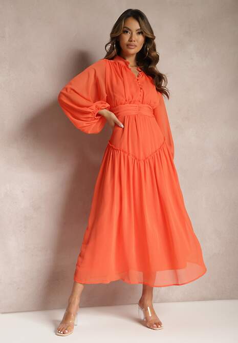 Pomarańczowa Elegancka Sukienka w Stylu Vintage z Powlekanymi Guzikami i Marszczeniami Lefandia