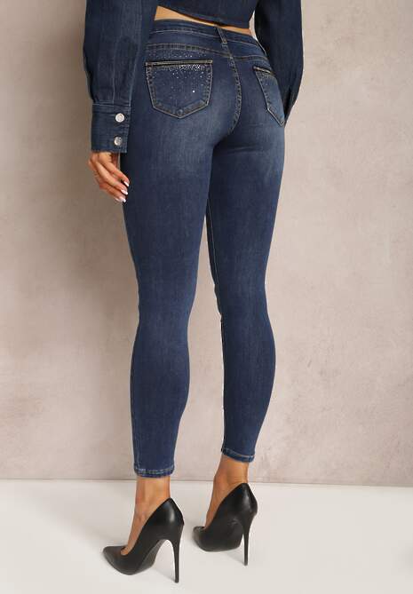 Granatowe Jeansy o Fasonie Skinny z Cyrkoniami na Kieszeniach Wendria 4