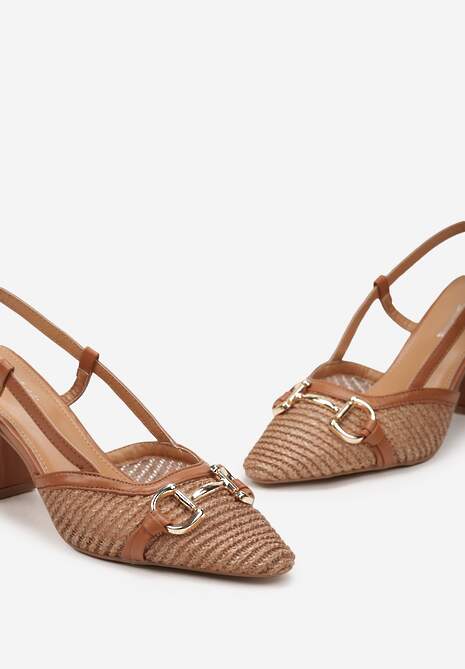 Brązowe Czółenka z Plecionym Przodem Ozdobną Klamerką i Kwadratowym Słupkiem Domeria 6