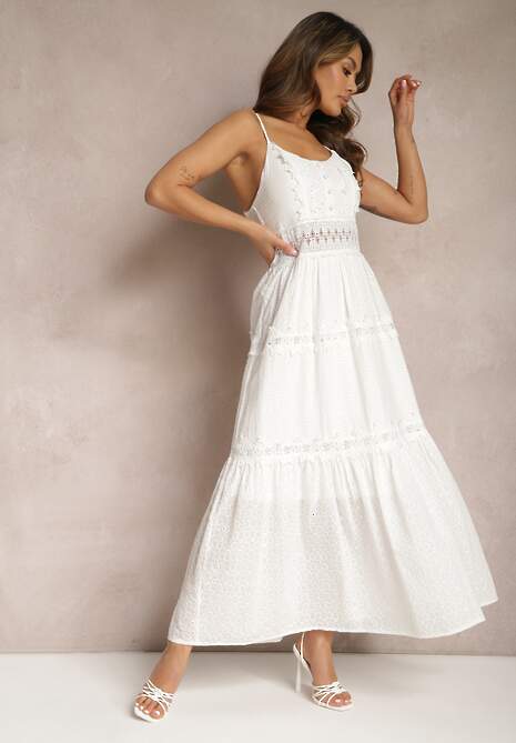 Biała Sukienka Maxi na Cienkich Ramiączkach z Ażurową Wstawką w Talii Grania