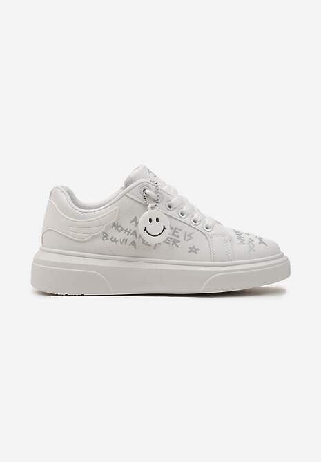 Sneakers Albi-Argintii cu Imprimeu Graffiti și Breloc Detașabil cu Față Zâmbitoare Fawnitte 4