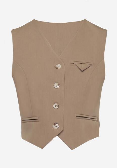 Ciemnobeżowa Kamizelka w Stylu Garniturowym z Imitacją Kieszonek Odinen 6
