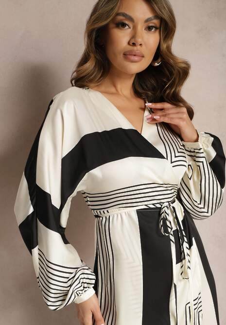 Czarna Kopertowa Sukienka Kimono Wiązana w Talii Ozdobiona Geometrycznym Wzorem Erostta 5