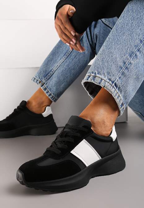 Czarne Skórzane Sneakersy z Materiałowymi Wstawkami Celana