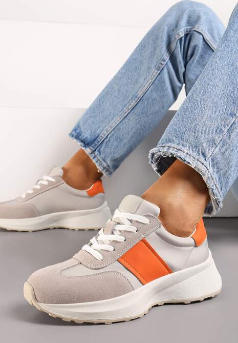 Beżowo-Pomarańczowe Skórzane Sneakersy z Materiałowymi Wstawkami Celana