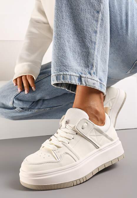 Białe Sznurowane Sneakersy ze Skóry z Ozdobnymi Przeszyciami na Niskiej Platformie Glenita
