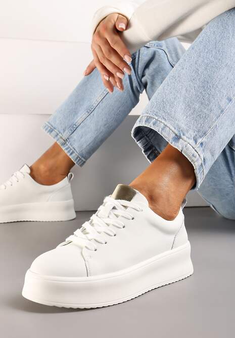 Białe Sneakersy  na Platformie z Wkładką ze Skóry Naturalnej Imeltia