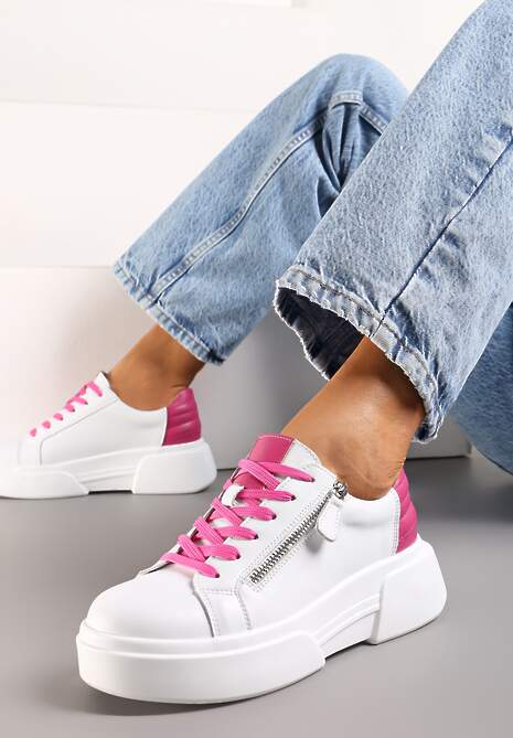 Biało-Różowe Skórzane Sneakersy na Platformie z Ozdobnym Suwakiem z Boku Leomiana