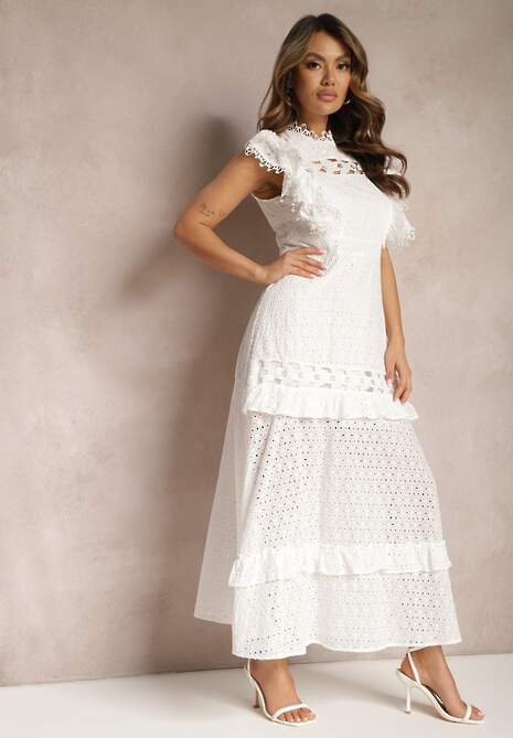 Biała Taliowana Sukienka Maxi Rozkloszowana z Ażurowym Motywem Handlla