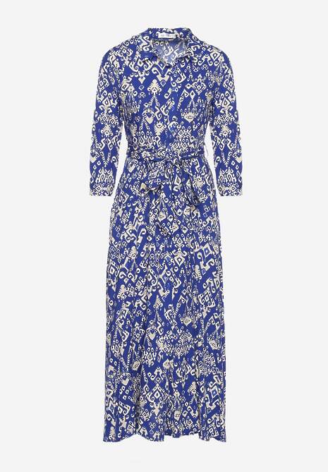 Granatowa Sukienka Koszulowa Wiązana w Pasie w Etno Wzór z Wiskozy Lokaggia 6