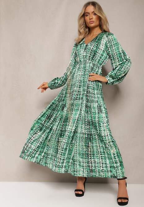 Zielona Plisowana Sukienka Maxi Ozdobiona Wzorem w Tweedowym Stylu Juvioa