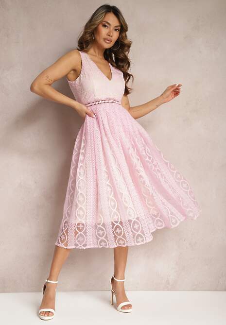 Różowa Plisowana Sukienka na Ramiączkach z Ozdobnym Wzorem i Suwakiem Mirilla