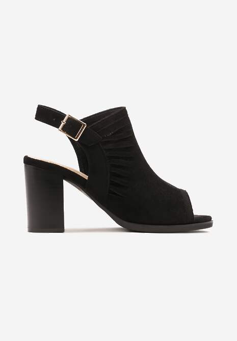 Sandale Negre Peep Toe cu Toc Bloc și Decupări Decorative cu Cataramă Riavia 4