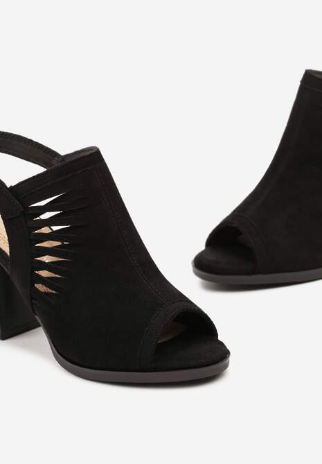 Sandale Negre Peep Toe cu Toc Bloc și Decupări Decorative cu Cataramă Riavia 6