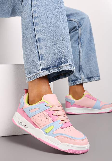 Różowo-Niebieskie Sznurowane Sneakersy z Licznymi Wstawkami z Ekoskóry Gwendias