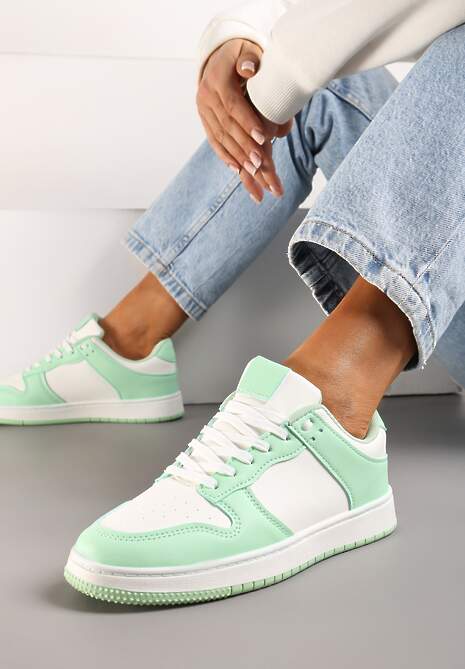 Biało-Zielone Sznurowane Sneakersy na Płaskiej Podeszwie z Imitacji Skóry Bioriana