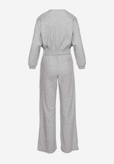 Gri Bluză de Bumbac Scurtă cu Elastic și Pantaloni Largi cu Șnur în Talie Rionnea 7