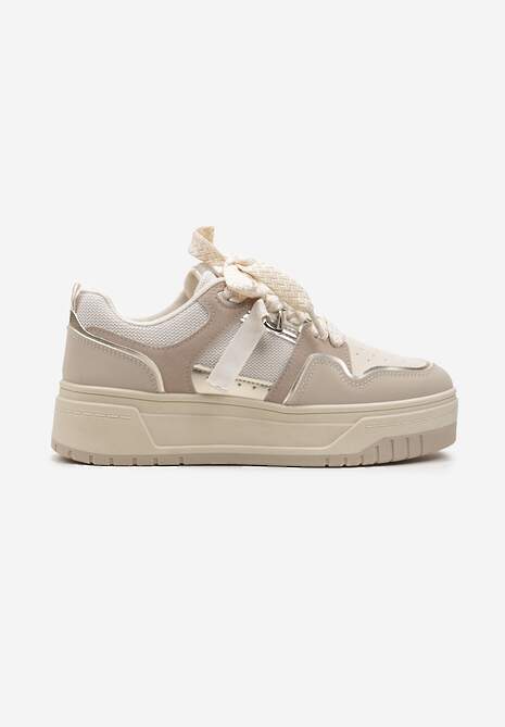 Ciemnobeżowe Sneakersy na Niskiej Platformie z Zawieszką i Ozdobnymi Sznurówkami Salam 4