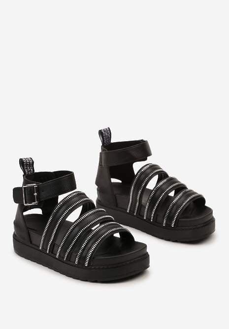 Sandale Gladiator Negre cu Fermoare pe Barete cu Cataramă Xerria 5