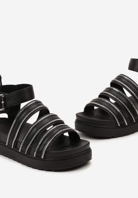 Sandale Gladiator Negre cu Fermoare pe Barete cu Cataramă Xerria 6
