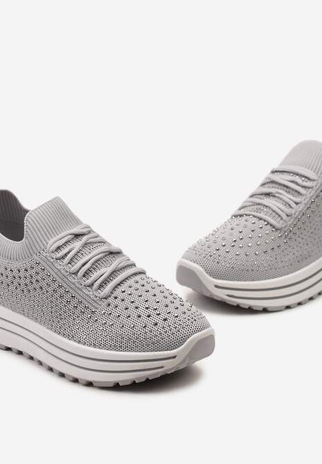 Sneakerși Gri Introdus cu Pietre Strălucitoare pe Talpă Groasă cu Gheată Textilă Satris 6
