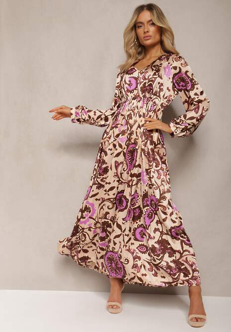 Beżowo-Fioletowa Długa Sukienka z Satyny z Gumką w Pasie i Ornamentalnym Printem Anoitia