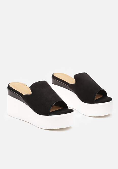 Papuci Negre cu Bareta din Piele Ecologica Intors Suede cu Decupaje pe Platforma si Toc tip Bloc Oleviana 5