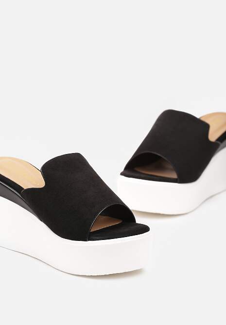 Papuci Negre cu Bareta din Piele Ecologica Intors Suede cu Decupaje pe Platforma si Toc tip Bloc Oleviana 6